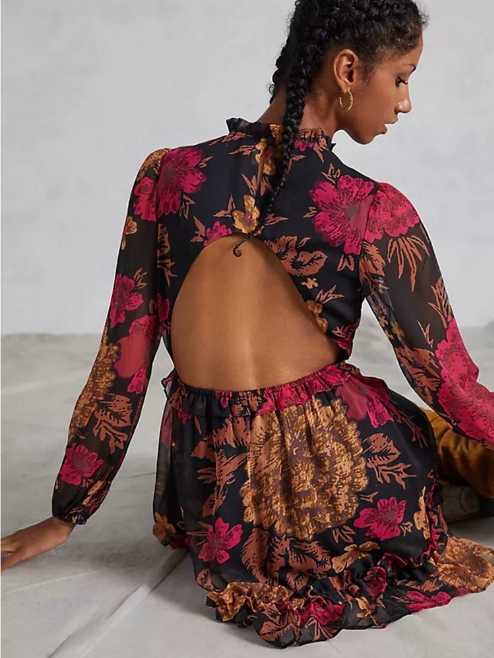 Anthropologie Black Floral Open-Back Mini Dress with Pink and Brown Accents
